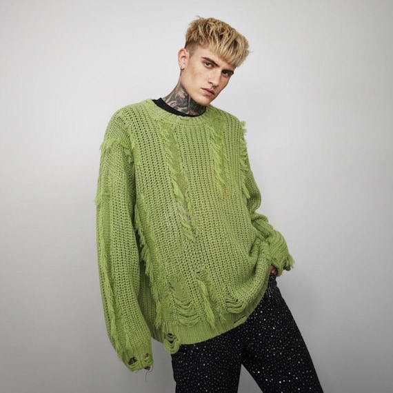 Acid Green Ripped Knit Sweater, Distressed Shredded Jumper, Toxic