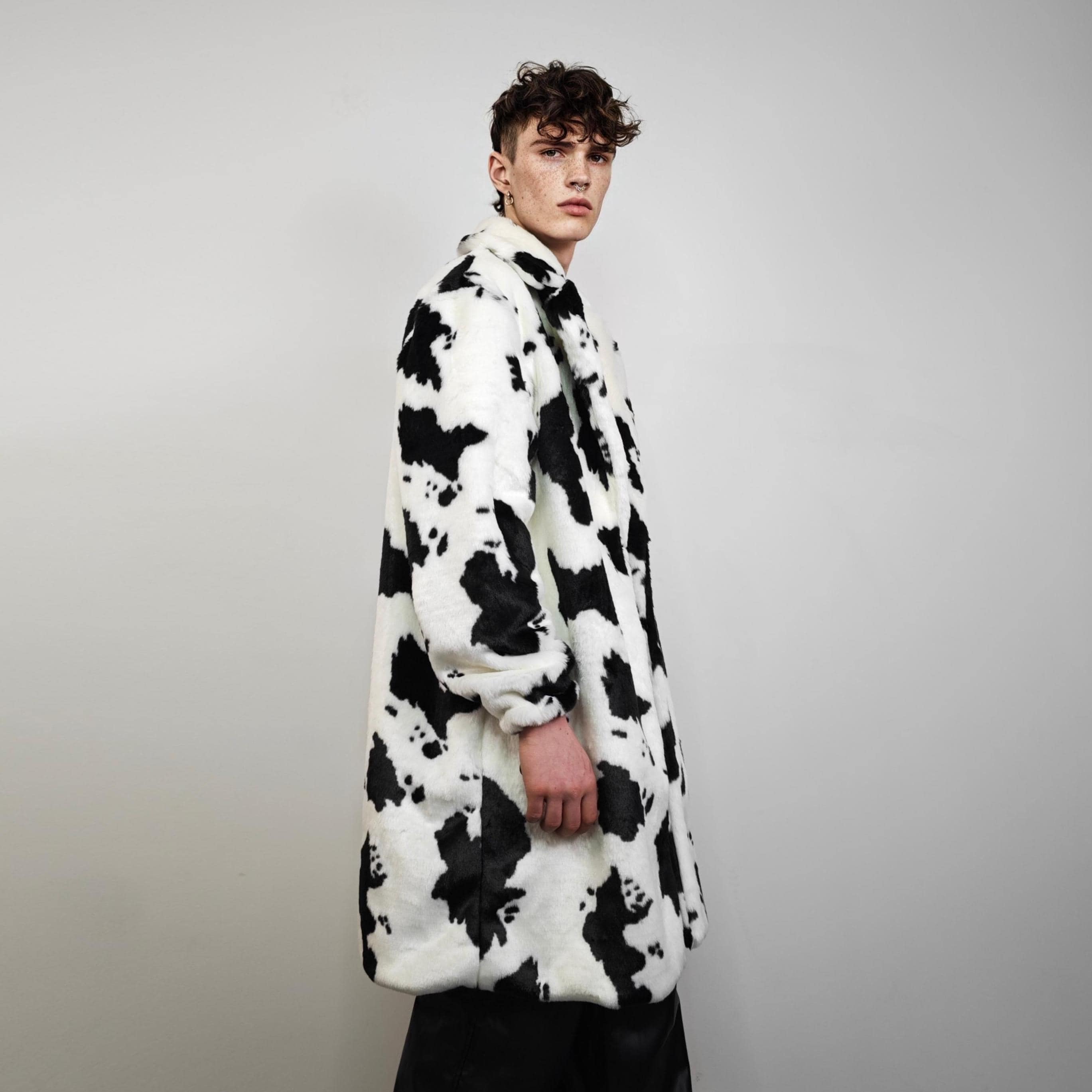 Cow Print Faux Fur Trench Coat, Structured Collar Mod Overcoat