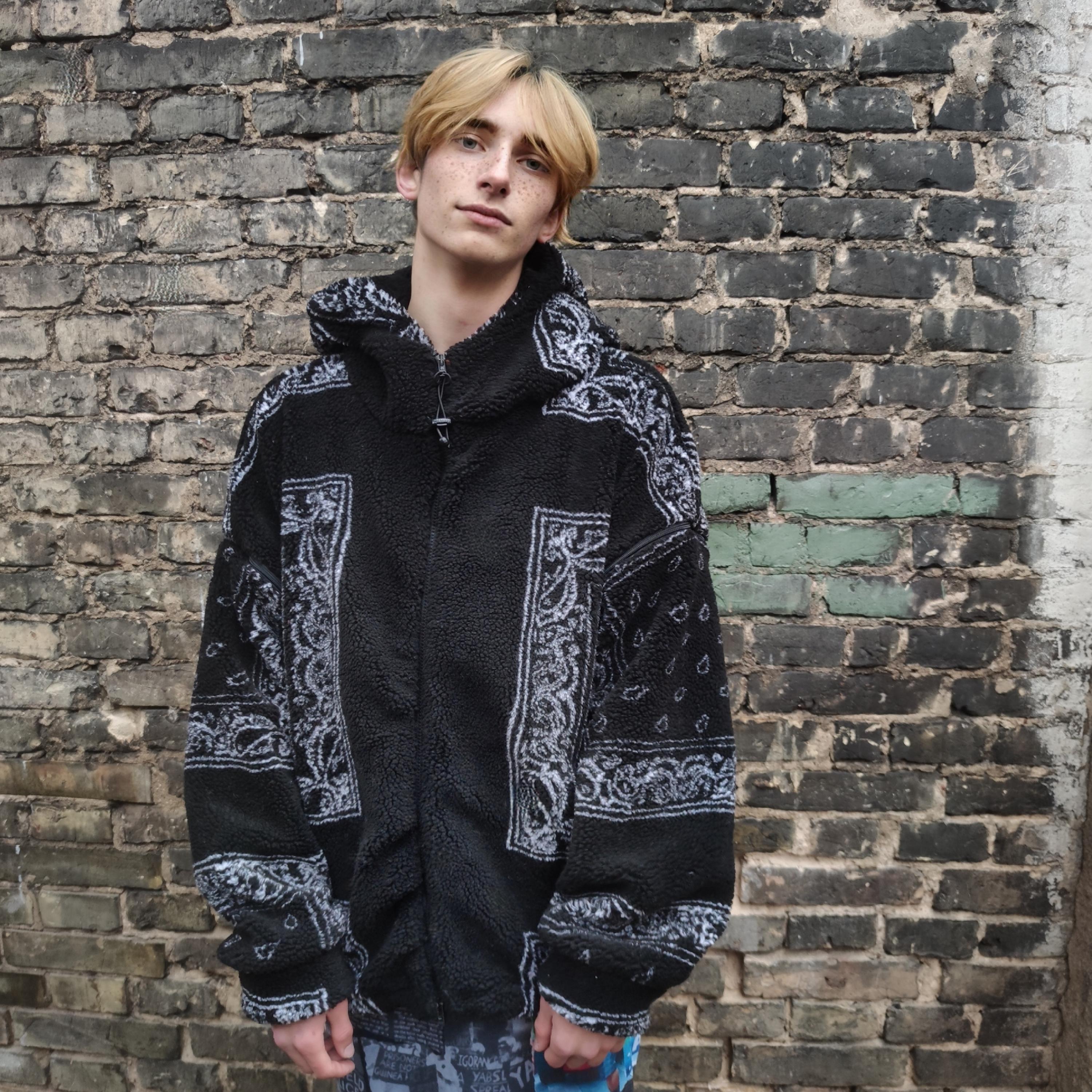 Bandana Hooded Jacket Black Fleece Paisley Detachable Sleeves