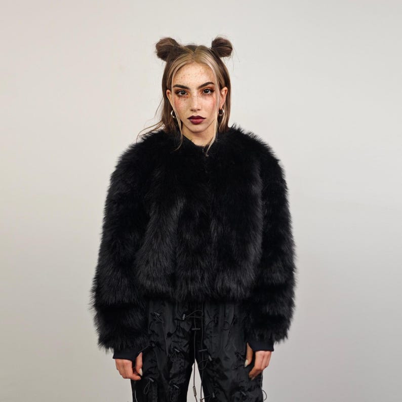 Black Faux Fur Bomber, Short Fluffy College Varsity Jacket, Cropped ...