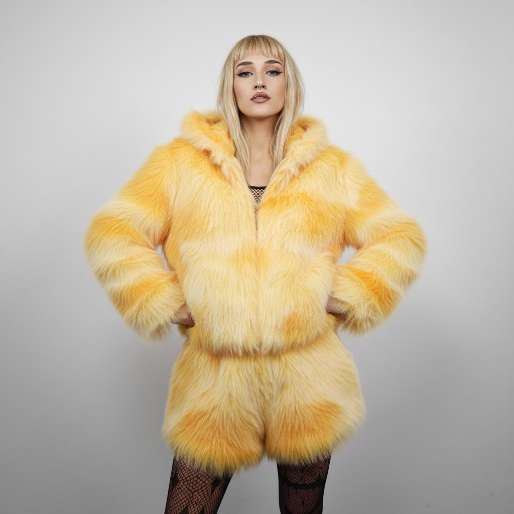 Yellow Gradient Faux Fur Cropped Trench, Solar Flare Shaggy Jacket