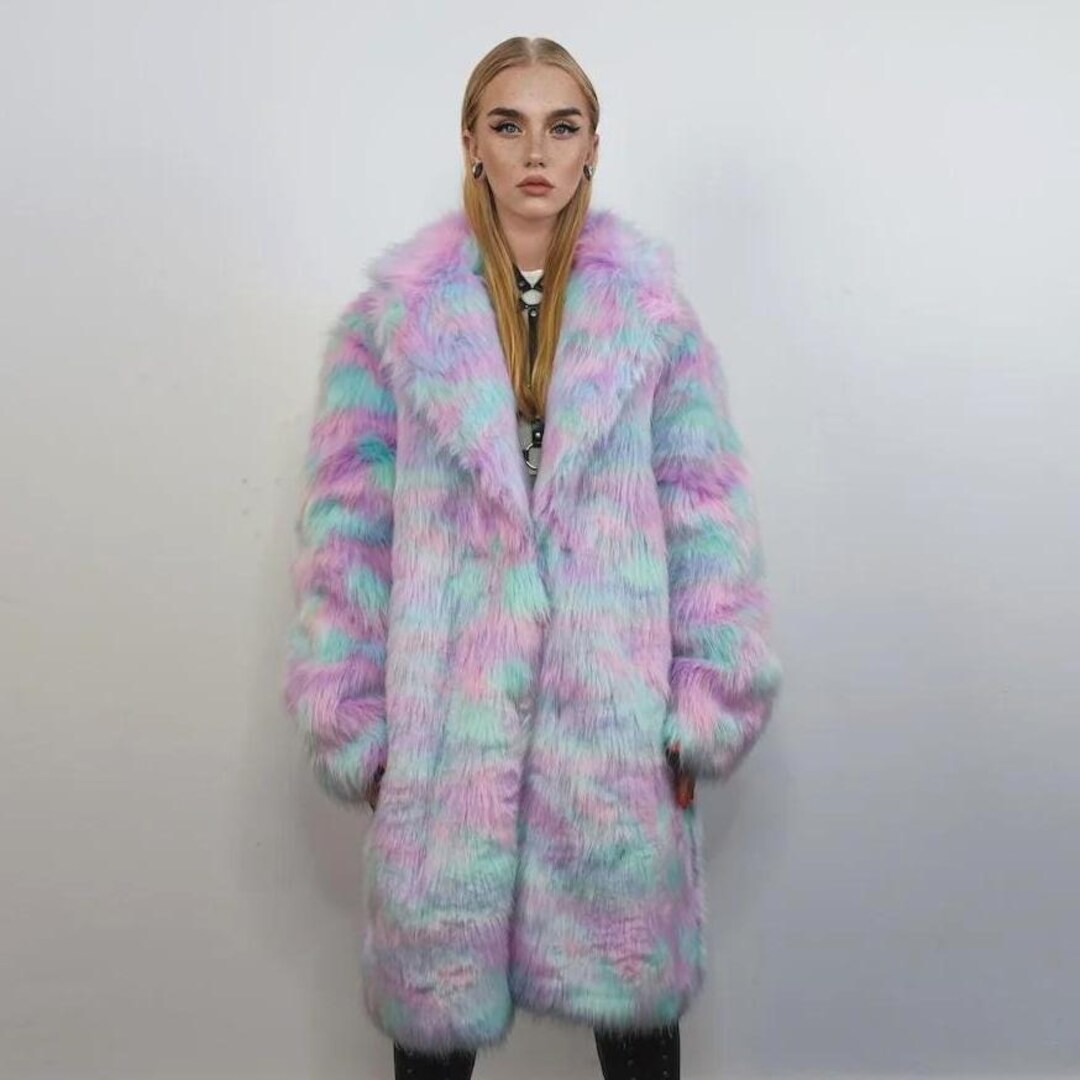 Fun Fur Candy Raver Candy Faux Fur Long Coat Unicorn Trench Neon Raver Bomber Fluffy Tie ...