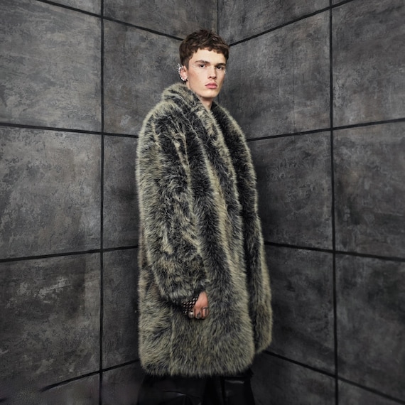 Luminous Black Gold Faux Fur Coat Shaggy Oversize Trench Unisex