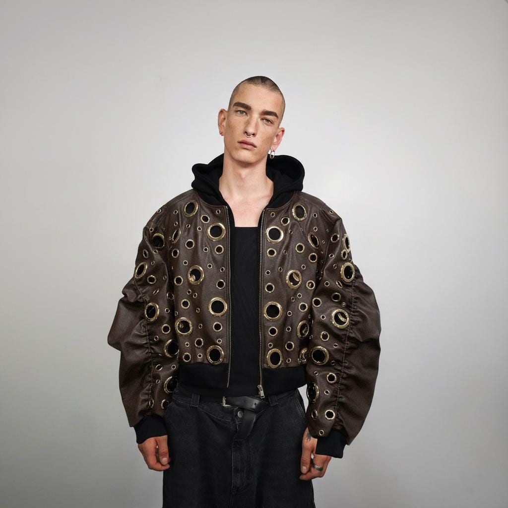 Hollowed Metal Cutout Faux Leather Jacket, Oversize Baggy Punk
