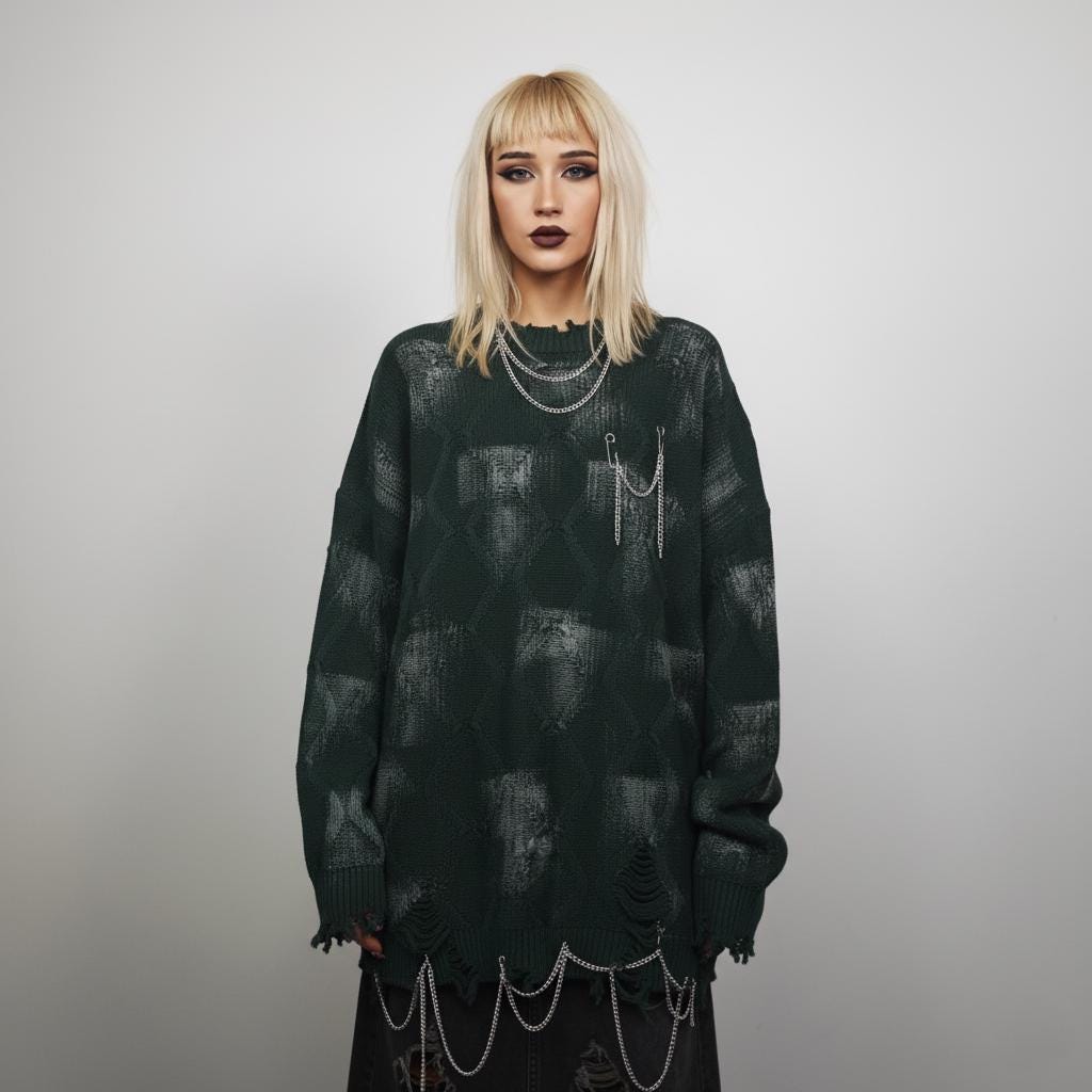 Washed Green Ripped Distressed Sweater, Grunge Textured Knit