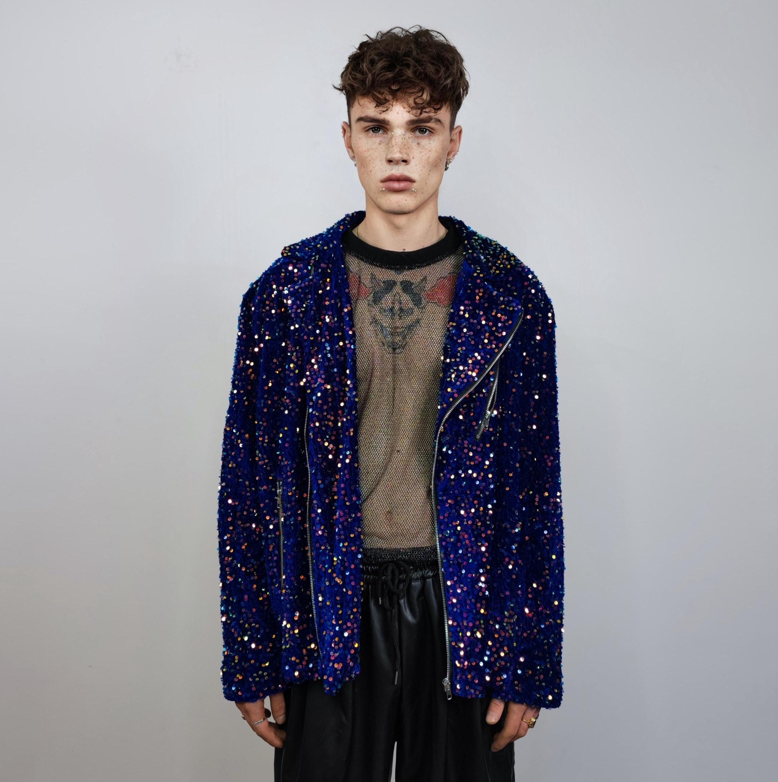 Glitter ジャケット Sequin Biker Jacket: Purple Blue Glitter, Glam Rock Overcoat - Etsy