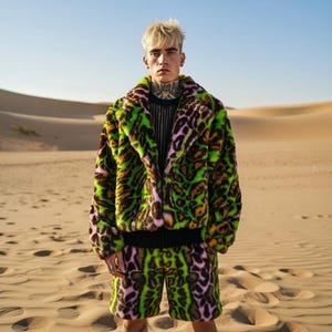 Neon Green Leopard Faux Fur Cropped Coat Jacket, Statement Outerwear, Y2K Rave Club Kid Style, Playa Burner Fit