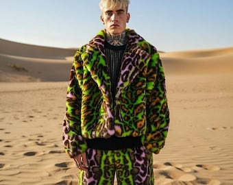 Chaqueta corta de piel sintética con estampado de leopardo verde neón, prenda de abrigo llamativa, estilo infantil de club rave Y2K, corte Playa Burner