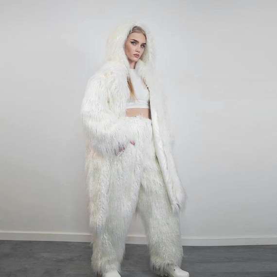 Long Shaggy Festival Coat White Fuzzy Trench Faux Fur Rave Jacket