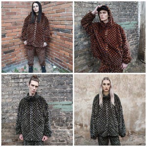 May include: Four images of matching checkered faux fur jacket and trouser sets. The sets are in brown and black, and green and black. The jackets have a zip closure. The models are standing in front of brick and concrete walls.