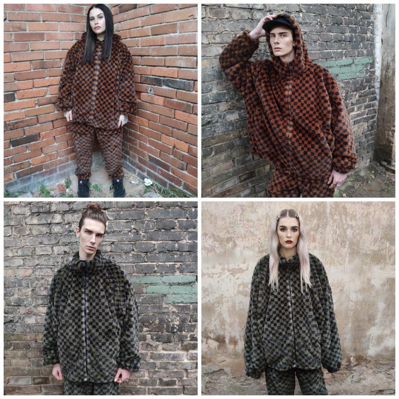 May include: Four images of matching checkered faux fur jacket and trouser sets. The sets are in brown and black, and green and black. The jackets have a zip closure. The models are standing in front of brick and concrete walls.
