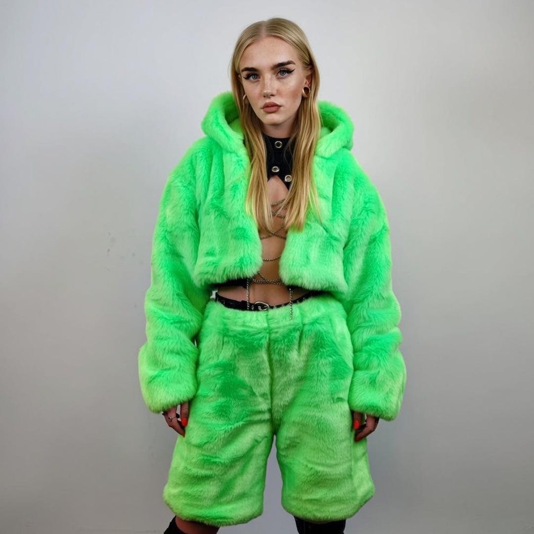 Neon Green Faux Fur Cropped Hooded Jacket, Brat Style Rave Coat ...