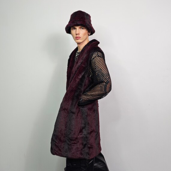 Striped Burgundy Faux Fur Trench Coat, Gothic Glam Long Jacket