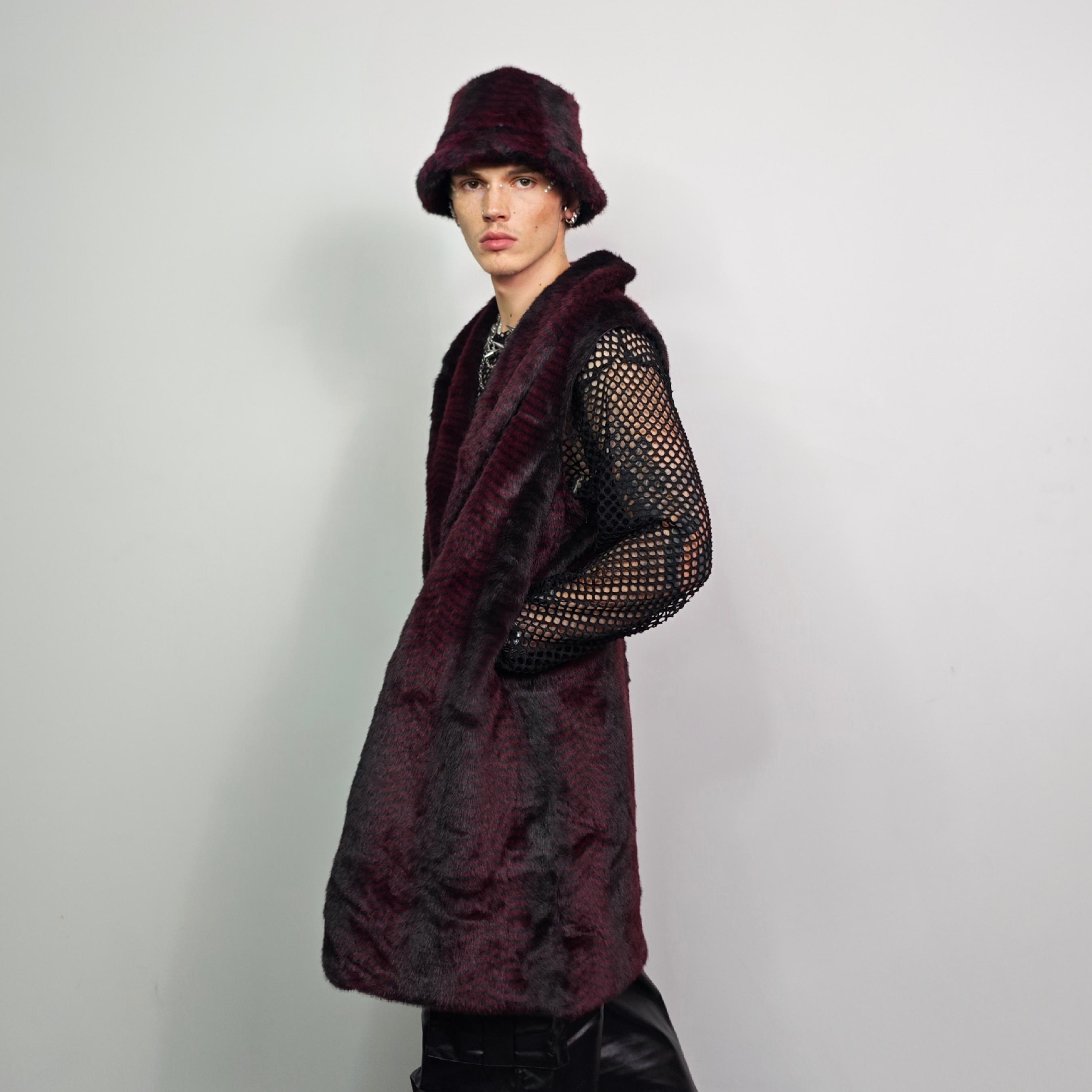 Striped Burgundy Faux Fur Trench Coat, Gothic Glam Long Jacket