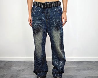 Rhinestone embellished jeans blue washed out sparkle pants diamante denim trousers grunge festival outfit Y2K aesthetic party clothing