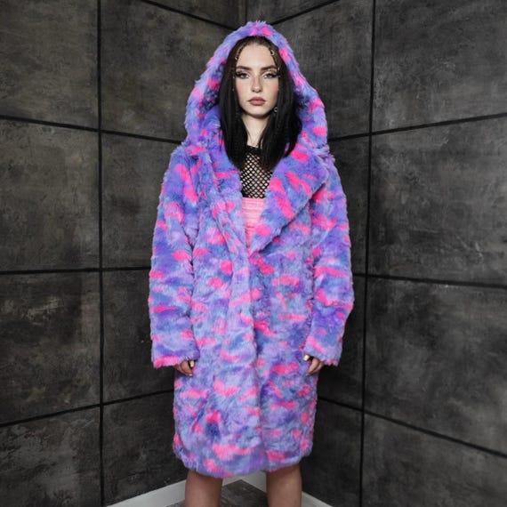 Lumignon Big Fur knit hoodie ネイビー×ピンク Purple Pink Faux Fur Hooded Coat, Rave Statemen Trench, Club