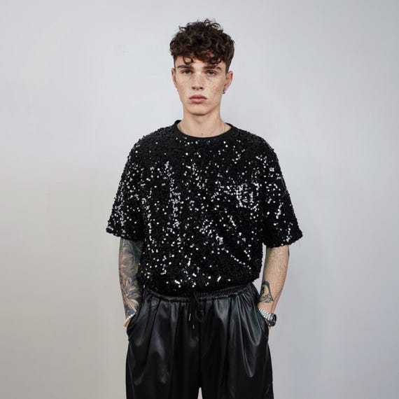 Heavy sequin t-shirt Black glitter top sparkle jumper party pullover glam rock jumper fancy dress embellished going out dark metallic tee