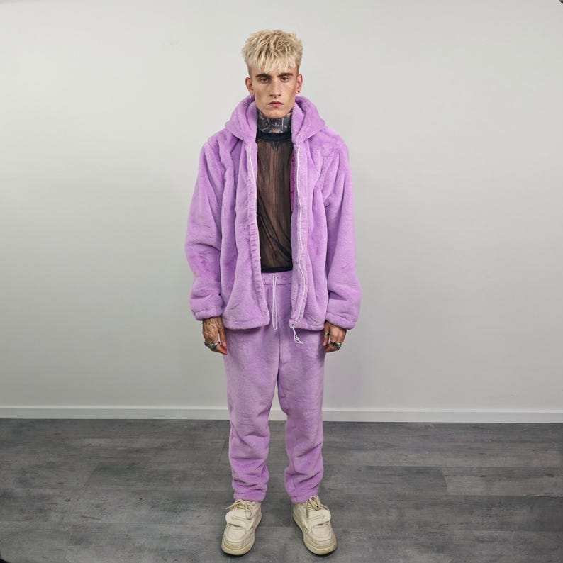 Faux fur hooded coat lilac soft fleece hoodie luxury fluffy jacket detachable sleeves handmade solid color party overcoat fuzzy festival set
