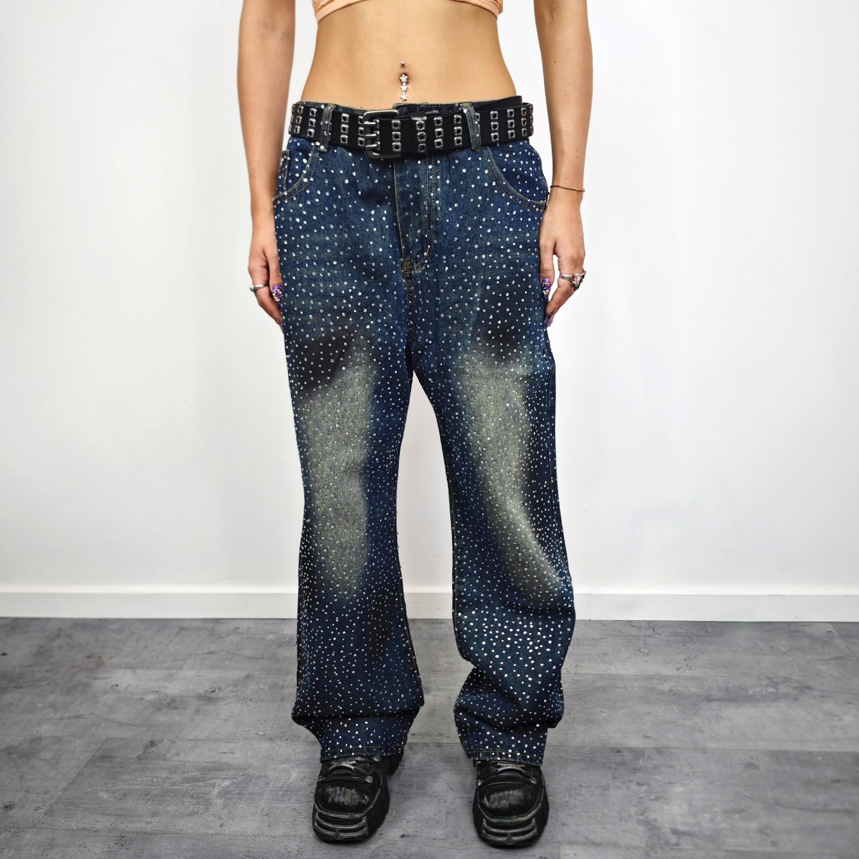 Rhinestone Embellished Jeans Blue Washed Out Sparkle Pants