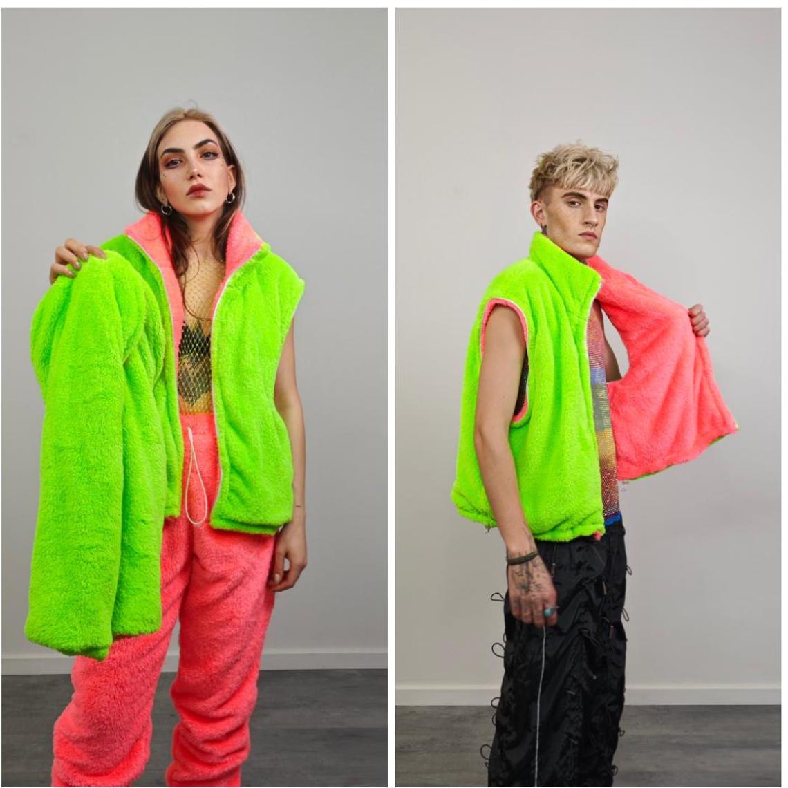 Wave Rave Jacket Neon Green Fleece Rave Jacket Reversible Fluorescent Hooded Party ...