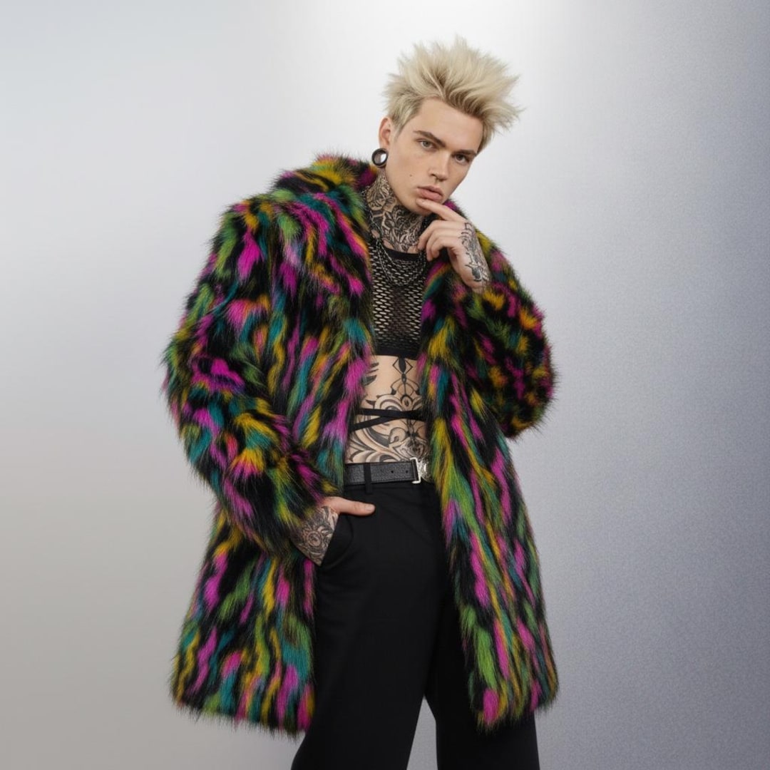 Psychedelic Black Faux Fur Coat, 90s Trench, Neon Rave Bomber