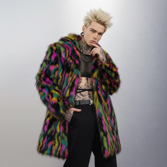ハーリップトゥ　Convertible Faux Fur Tippet Coat Psychedelic Black Faux Fur Coat, 90s Trench, Neon Rave Bomber