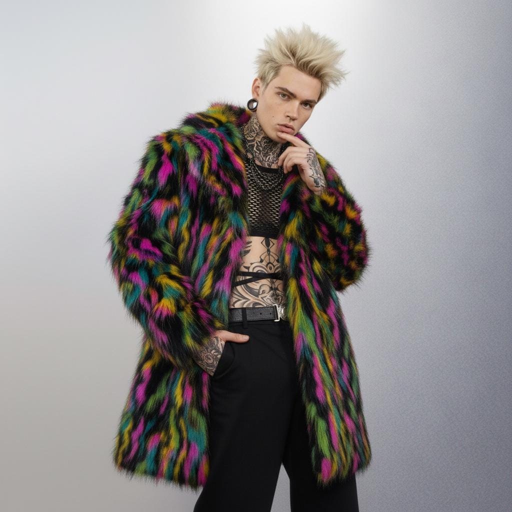 Psychedelic Black Faux Fur Coat, 90s Trench, Neon Rave Bomber