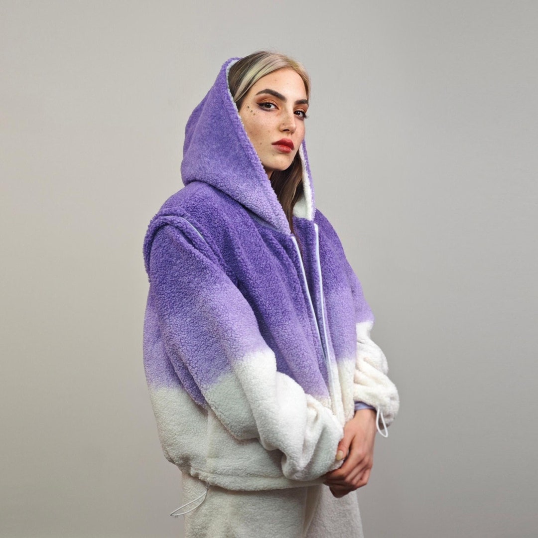 Cropped Hooded Fleece Jacket Purple Gradient Short Rave Bomber Sports ...