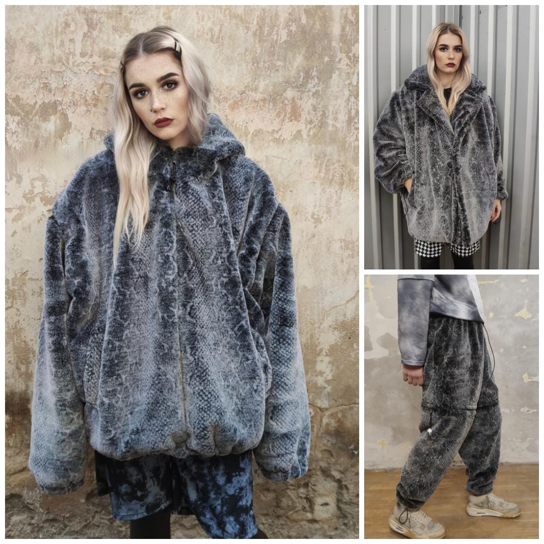Snake Jacket Black Gray, Faux Fur Hoodie, Vintage Python Hooded