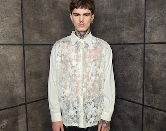 Sheer Floral Lace Shirt with Faux Pearl Embroidery, Transparent Button Top, Genderless Gothic Night Out Clothing White