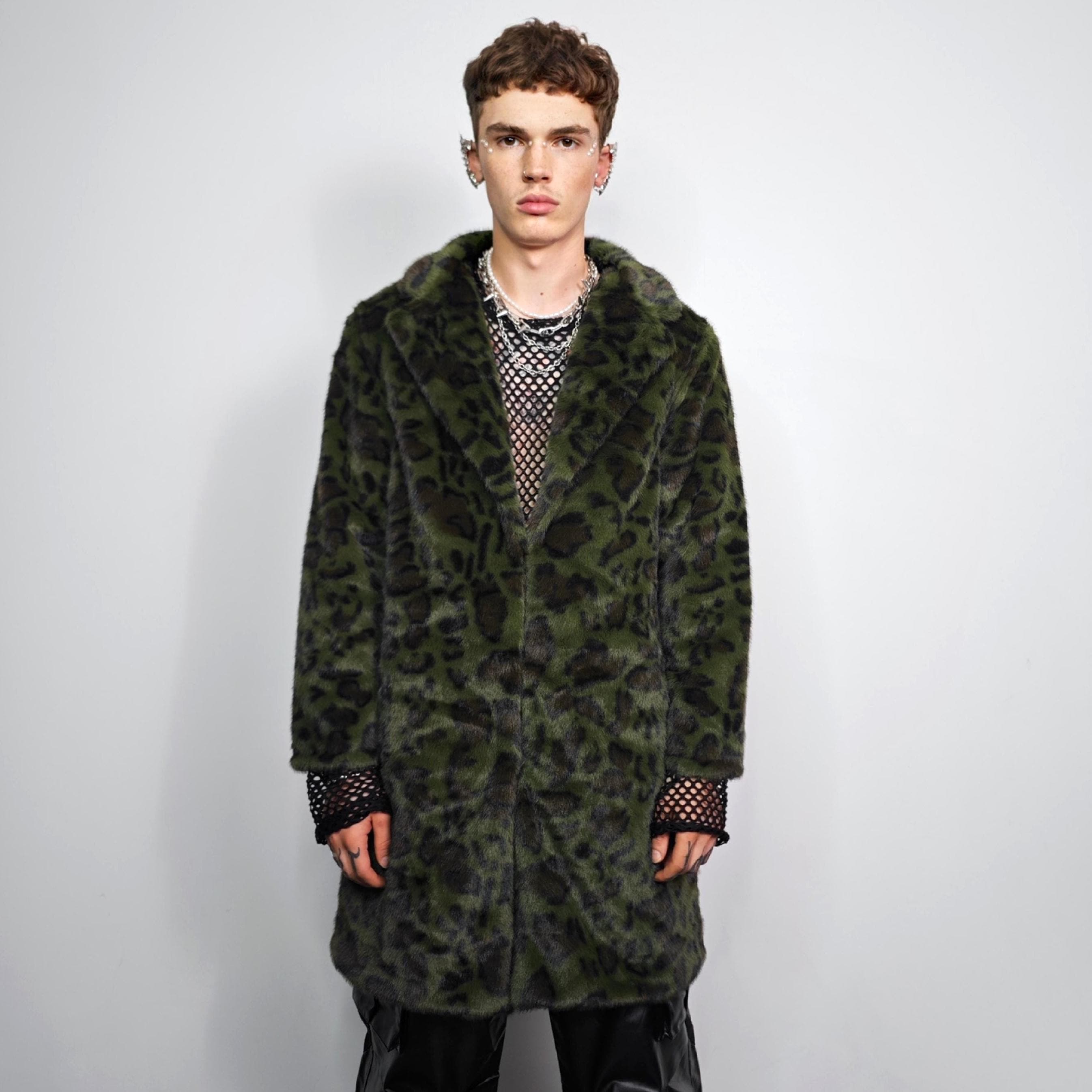 Green Leopard Faux Fur Coat, Long Unisex Trench, Grunge Maximalist