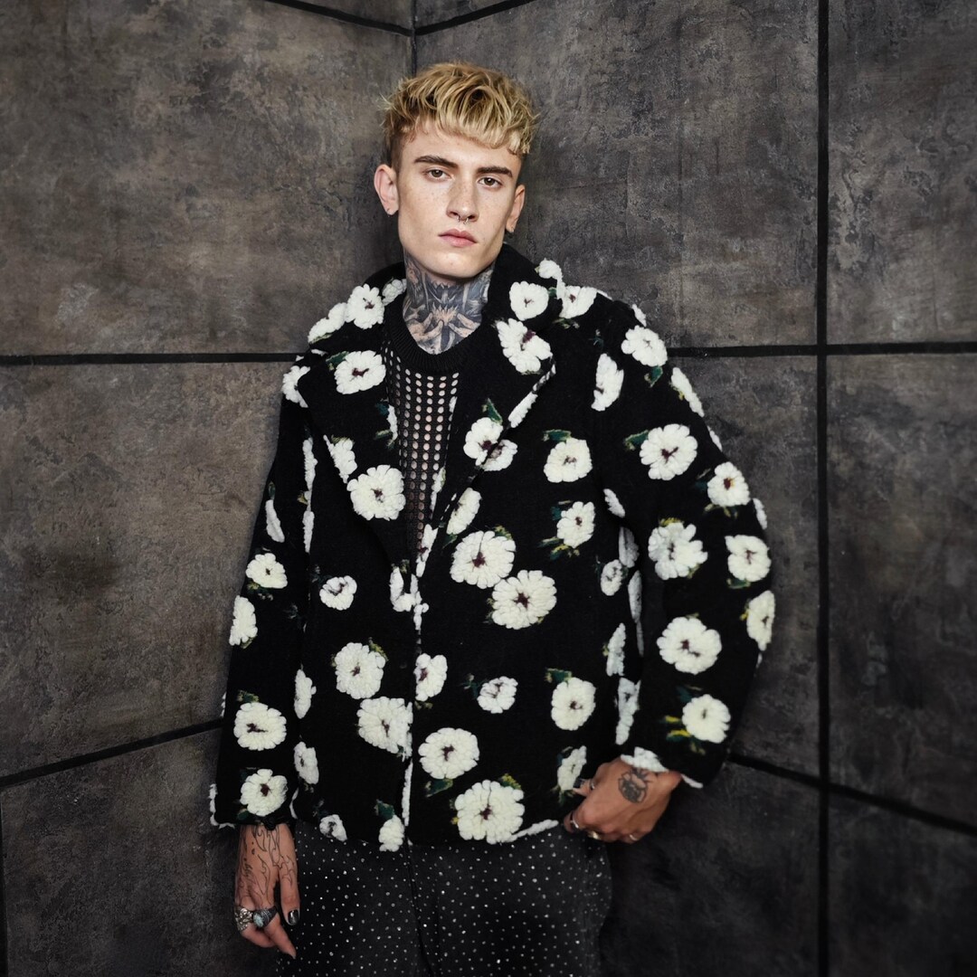 Floral Fleece Jacket, Flower Patchwork Coat, Retro Sherpa Trench
