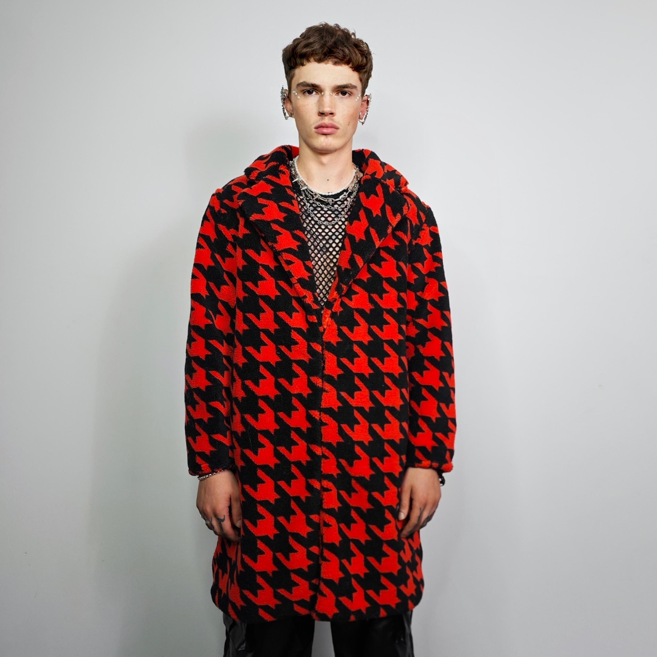Oversized Red Black Plaid Check Trench Coat, Teddy Fleece