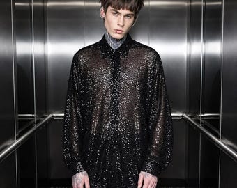 Sheer Black Sequin Blouse, Oversized Glitter Shirt, Baggy Sleeve Disco Rave Top, Goth Glam Clubwear, Custom Made