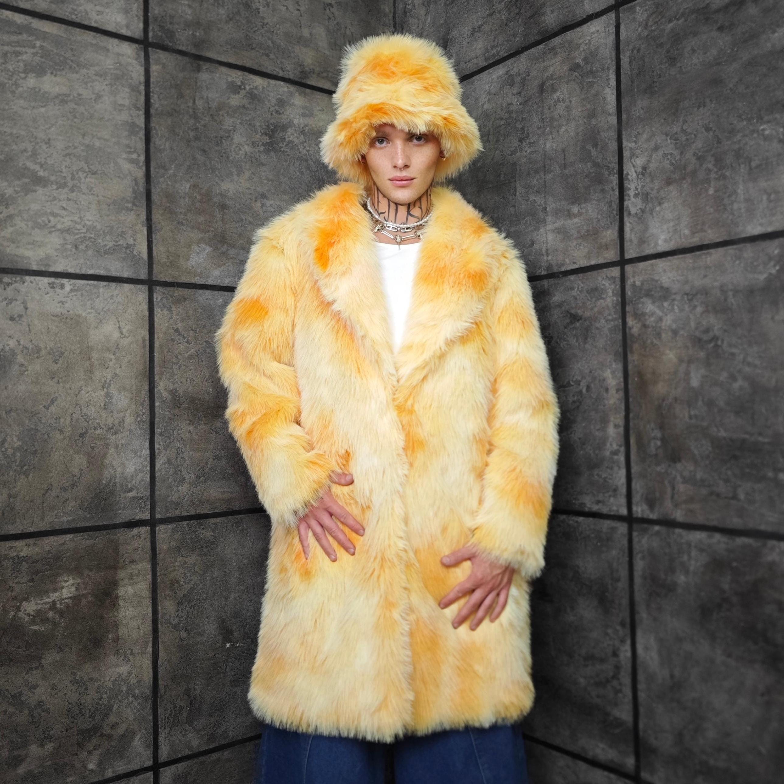Yellow Gradient Faux Fur Cropped Trench, Solar Flare Shaggy Jacket