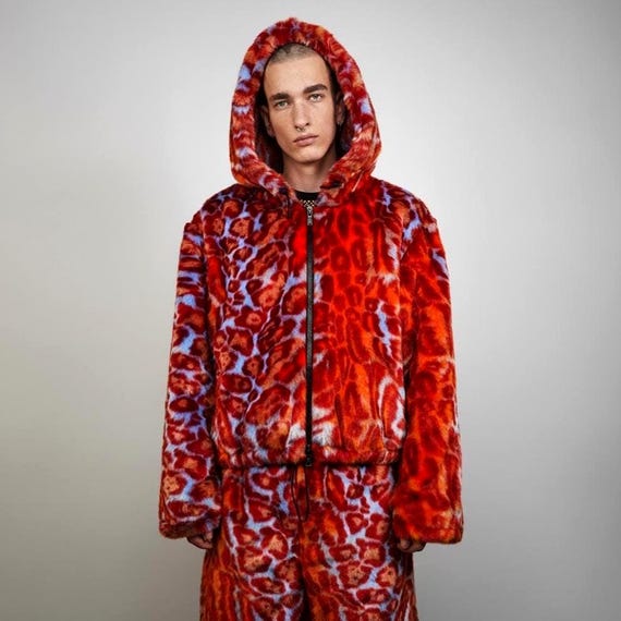 Hooded Red Neon Leopard Faux Fur Jacket, Oversize Playa Pullover