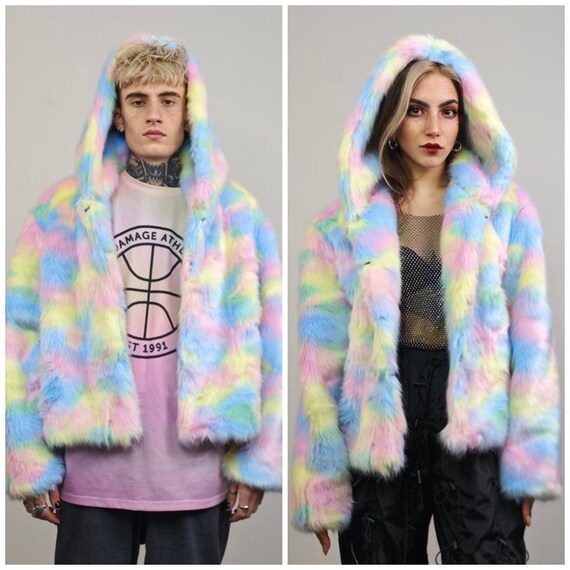 Unicorn Faux Fur Coat Tie-dye Collarless Shaggy Rainbow Jacket 00s