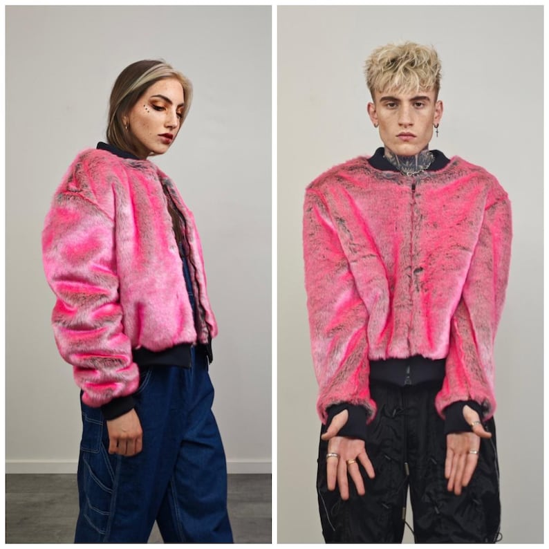 Pink Faux Fur Varsity Neon Fluffy Jacket 90s Style Cropped College ...