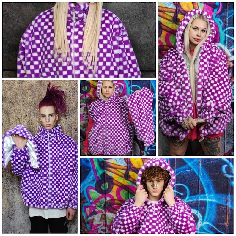May include: A purple and white checked hooded jacket. The jacket features a zip-up front and a soft, fluffy material. Several images show the jacket being worn, highlighting its oversized design and the hood.