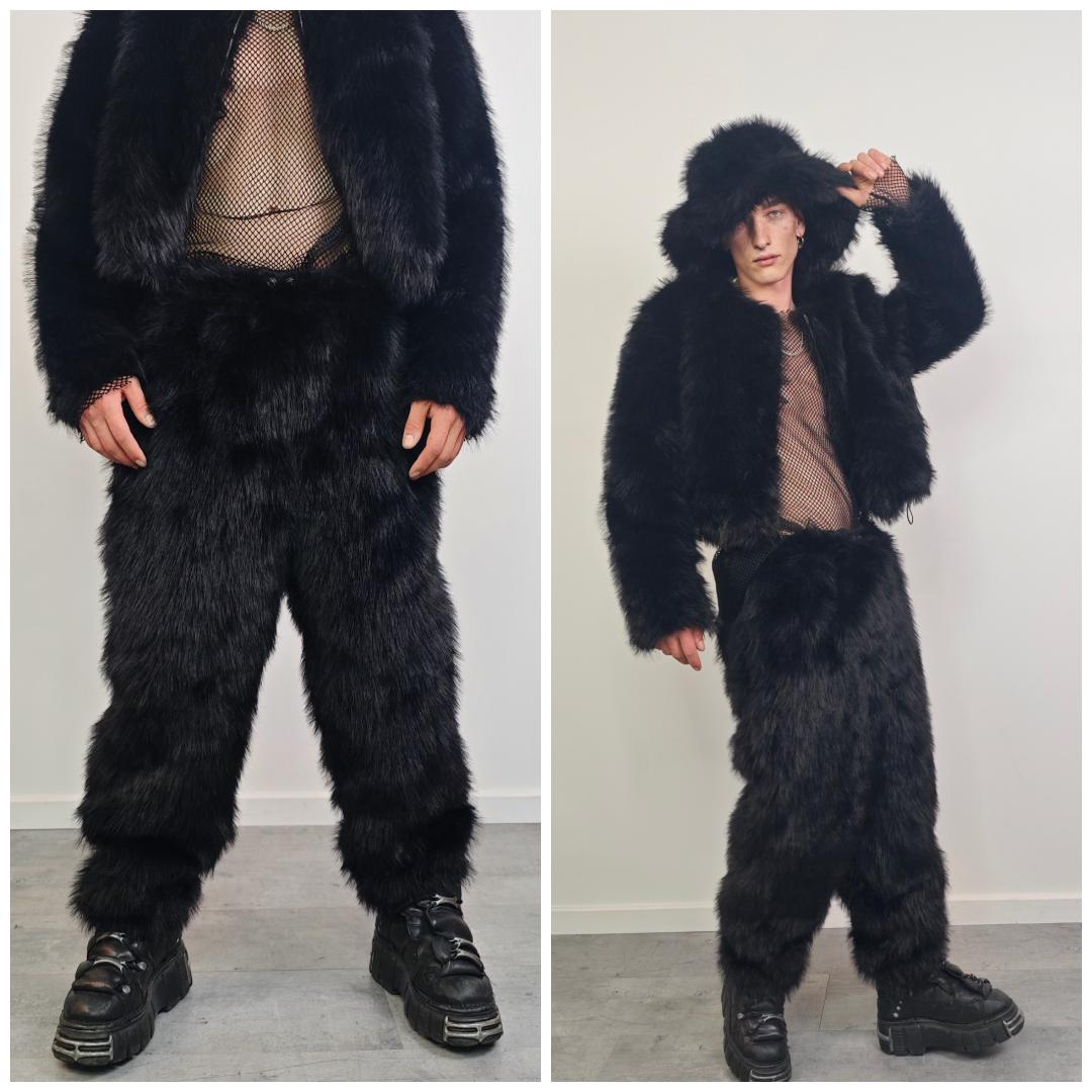 Black Faux Fur Bomber Short Fluffy College Bomber Cropped Varsity