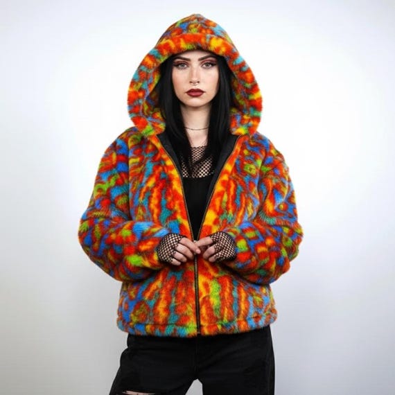 Hooded Orange Neon Leopard Faux Fur Jacket, Oversize Playa