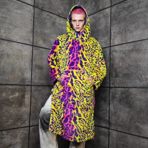 Neon Leopard Faux Fur Jumpsuit Oversized Hooded Burner Coat Green