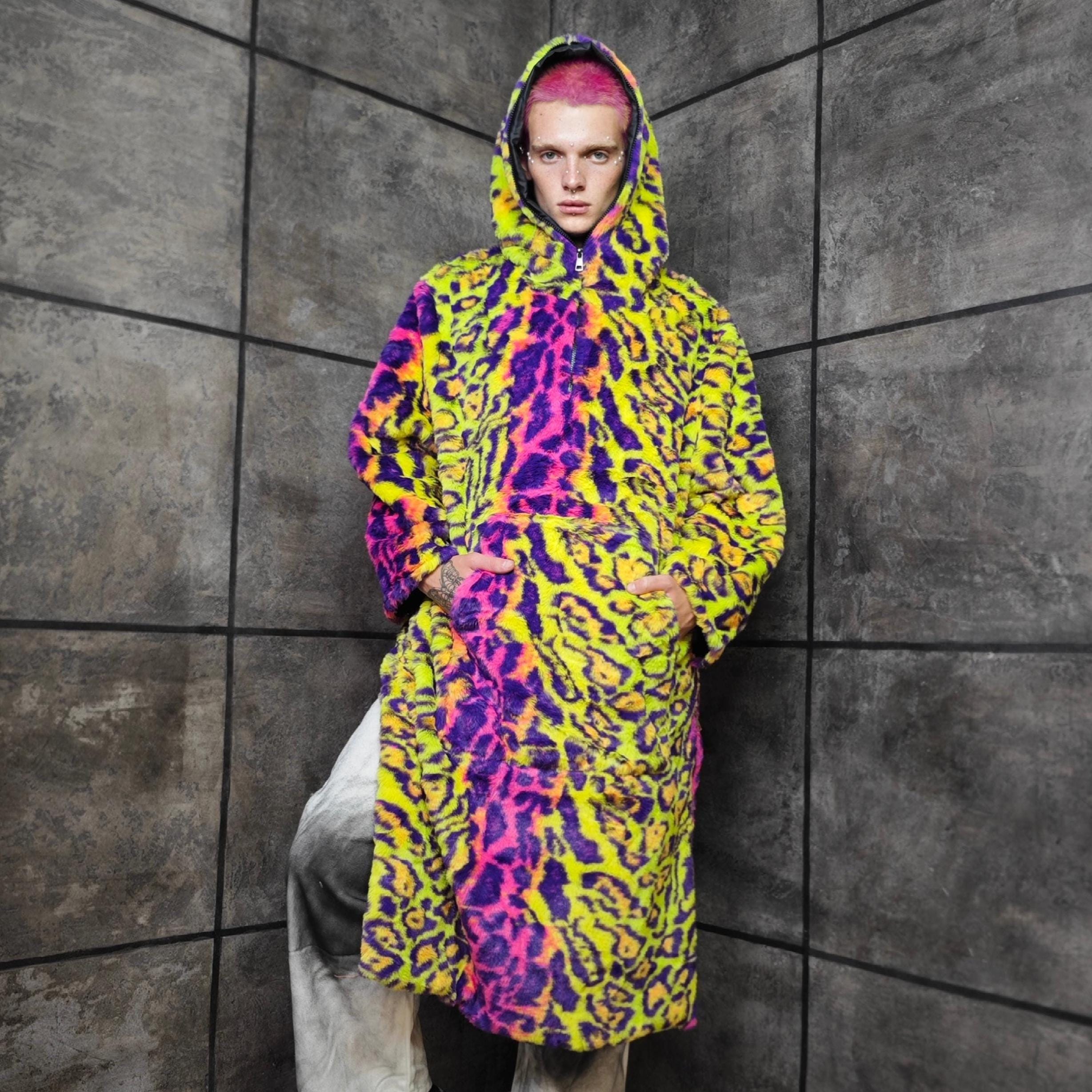Neon Leopard Faux Fur Jumpsuit Oversized Hooded Burner Coat Green