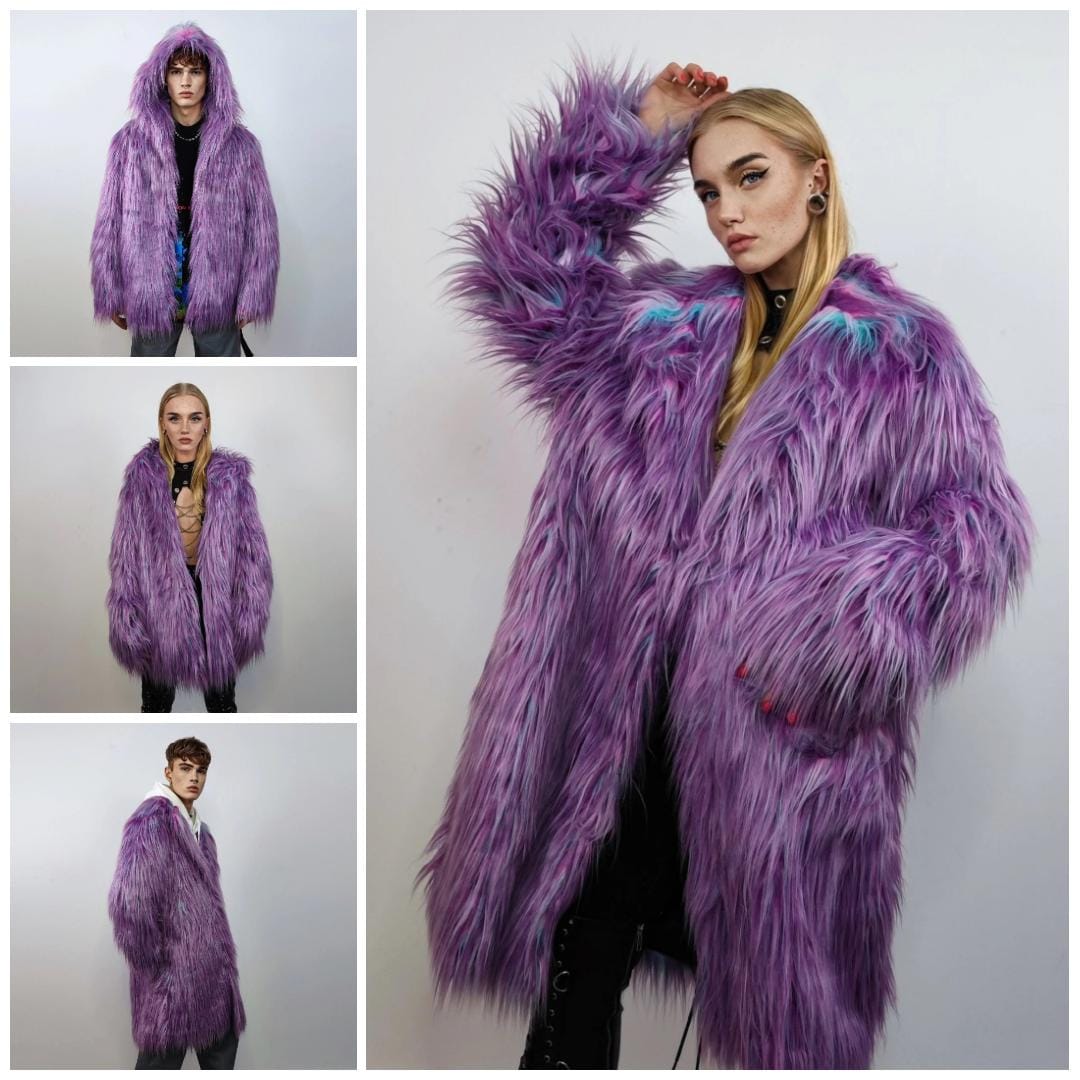 Shaggy Faux Fur Coat Purple Neon Fluffy Collarless Lilac Jacket