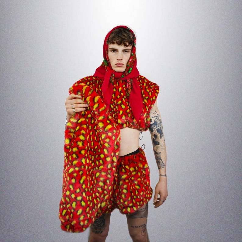 Leopard Rave Top Leopard Crop Top Red Faux Fur Animal Print Festival Fleece Short Rave ...