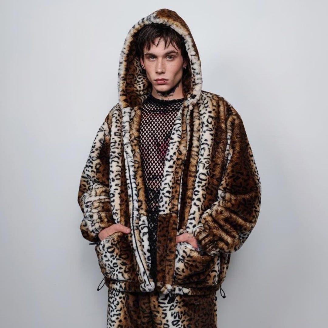 Leopard Print Faux Fur Hooded Jacket, Tie-dye Brown Bomber, Fluffy