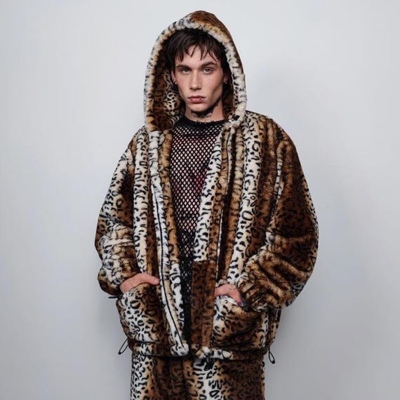 Leopard Print Faux Fur Hooded Jacket, Tie-dye Brown Bomber, Fluffy
