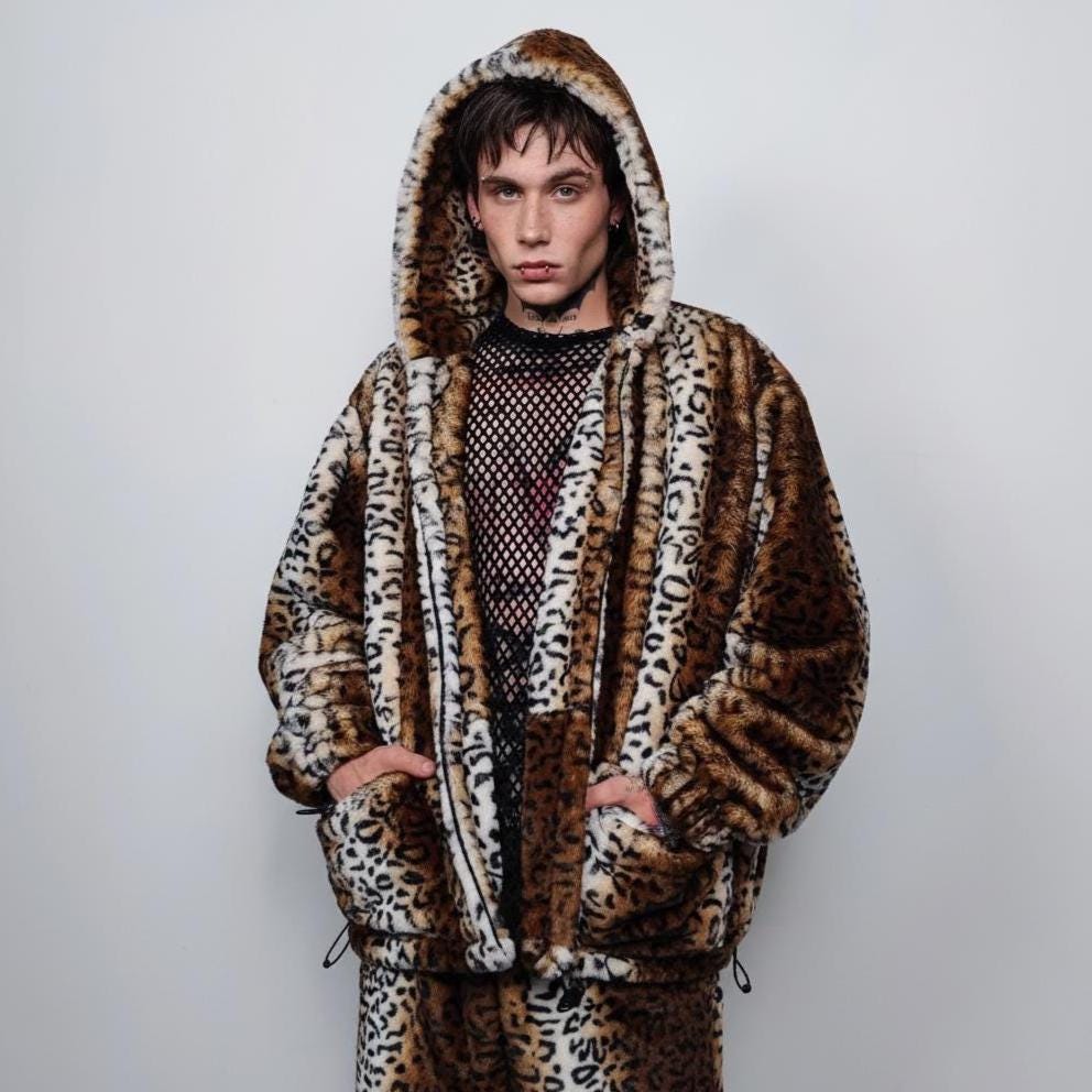 Leopard Print Faux Fur Hooded Jacket, Tie-dye Brown Bomber, Fluffy