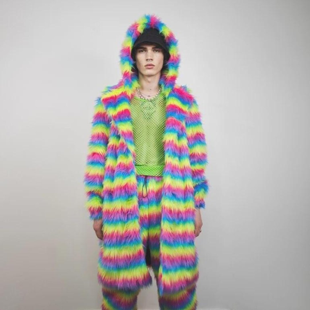 Shaggy Long Rainbow Coat Fuzzy Festival Trench Hooded Faux Fur Rave ...