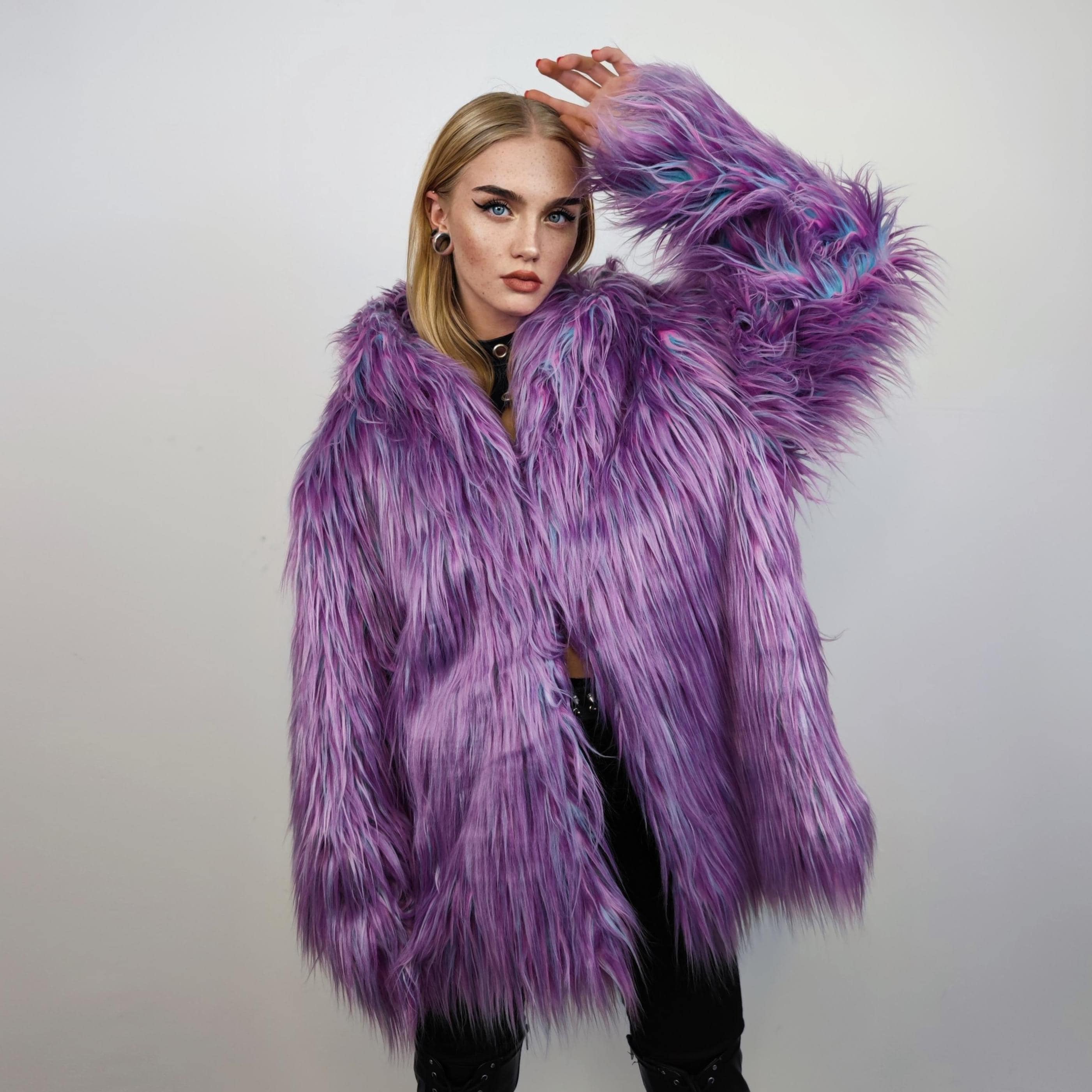 Purple Faux Fur Hoodie Shaggy Neon Jacket Fluffy Lilac Luminous